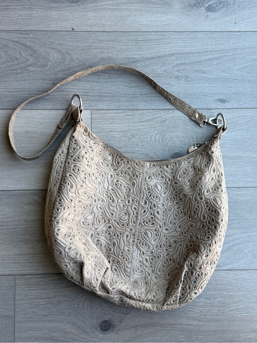 Genuine Leather Made in Italy Embossed Hobo Shoulder Bag – Taupe Brown